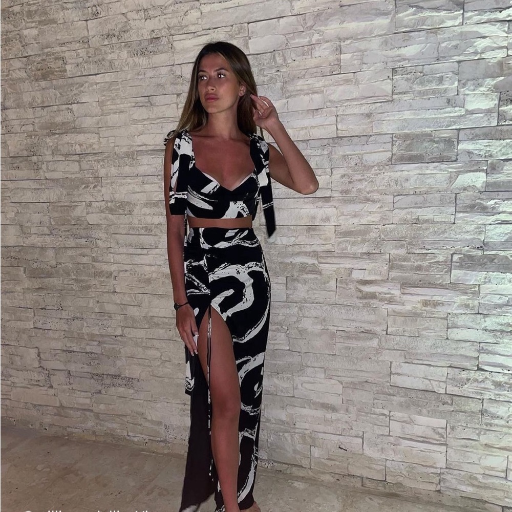 Black and white two piece set crop top and maxi skirt with slit NWT